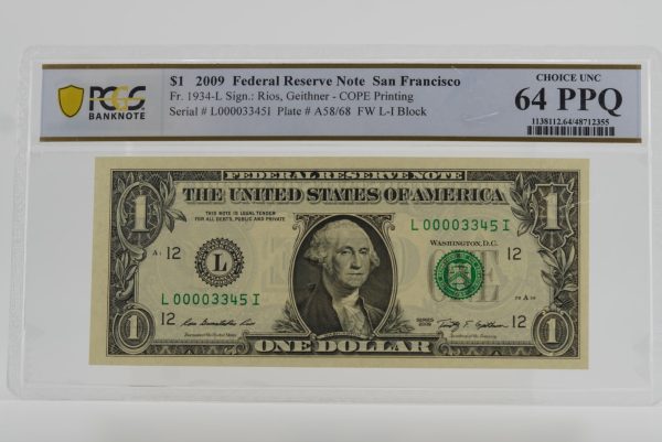 2009 $1 Federal Reserve Note – PCGS 64 PPQ